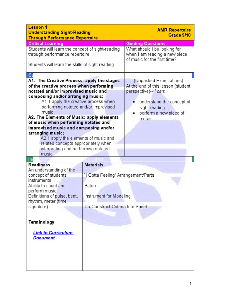 sight-reading lesson plan | Educational Assessment | Education Theory