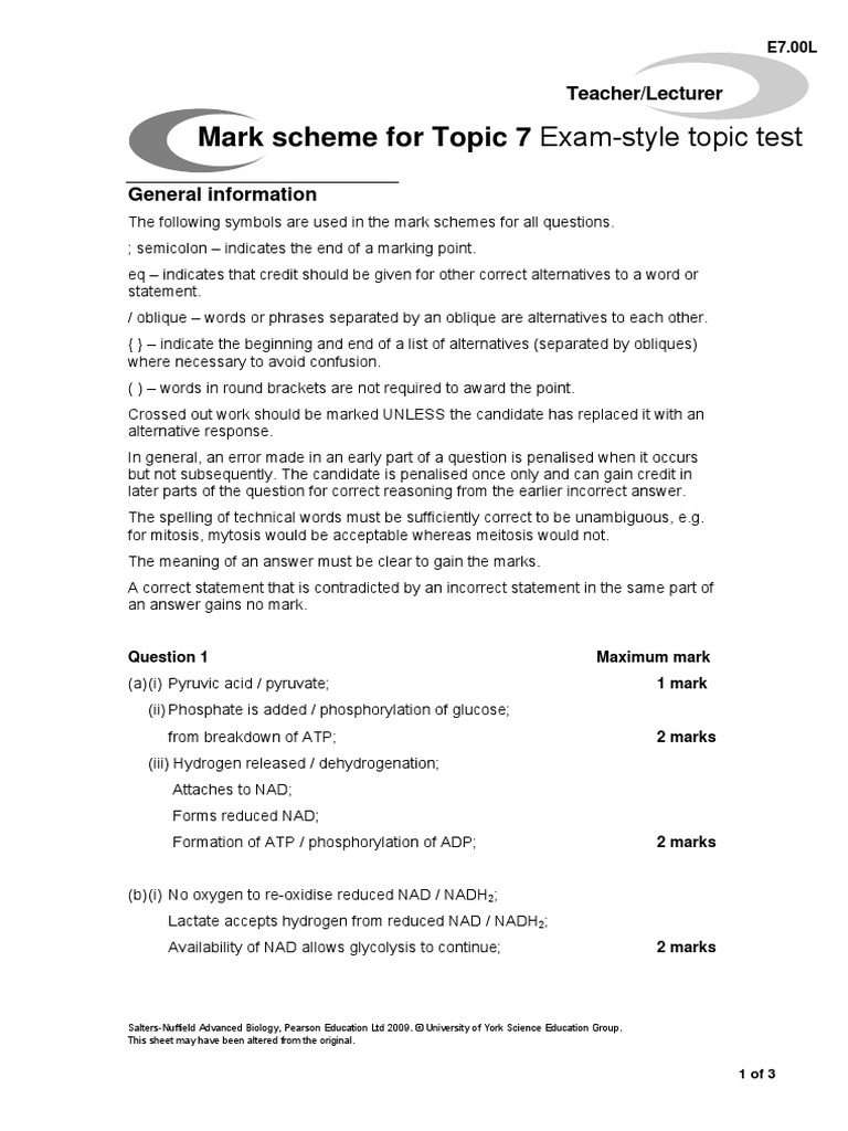 Mark Scheme For Topic 7: Exam-Style Topic Test | PDF | Adenosine ...
