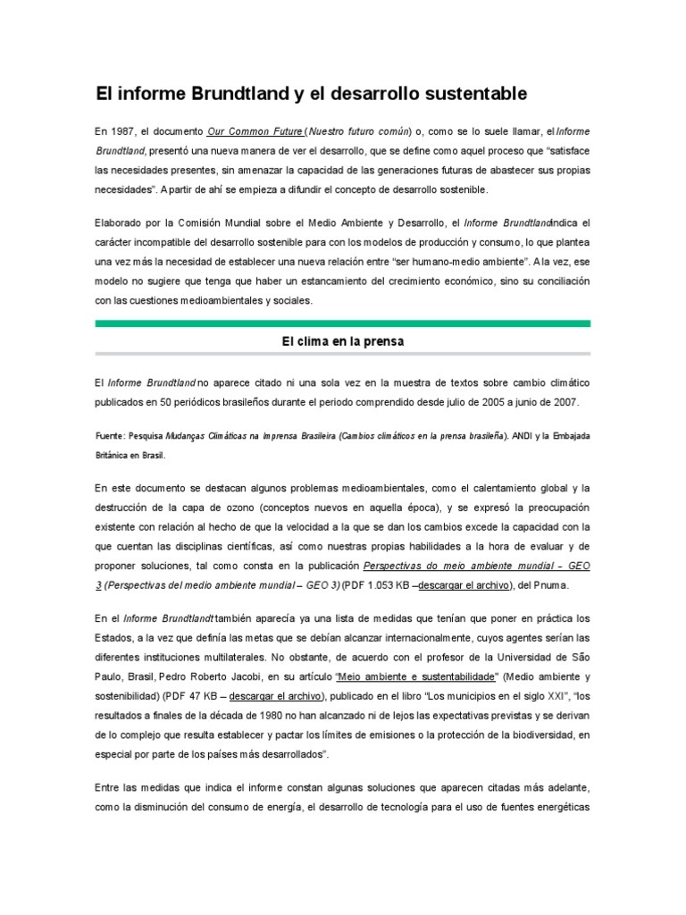Informe Brundtland y Sostenibilidad | PDF | Desarrollo sostenible ...