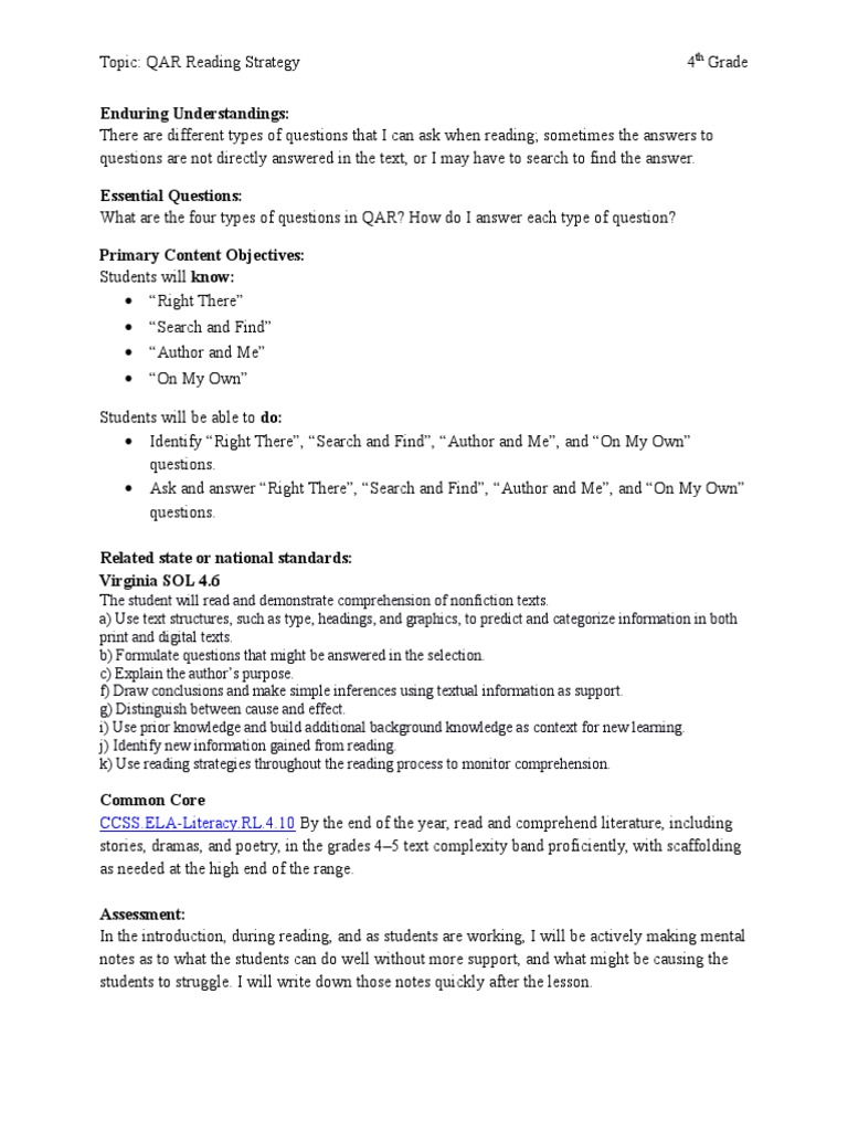 qar lesson pdf reading comprehension educational psychology