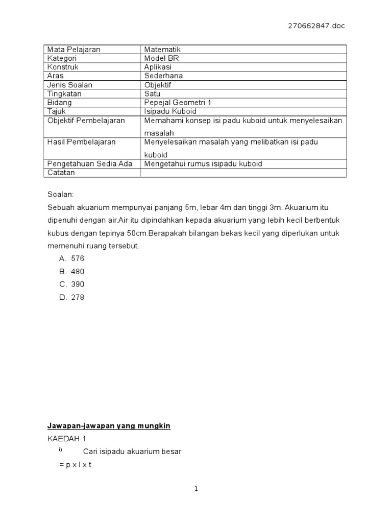 Contoh Soalan Kbat Matematik Pdf