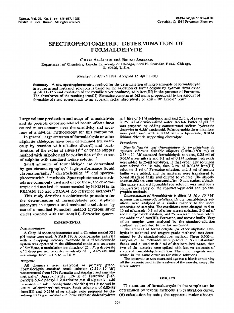 Spectrophotometric Determination of | PDF | Aldehyde | Formaldehyde
