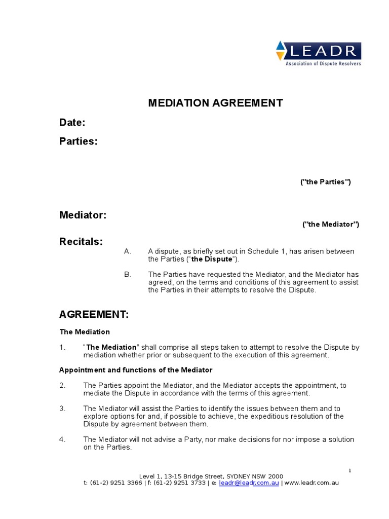 Mediation Agreement Guide | PDF | Mediation | Indemnity