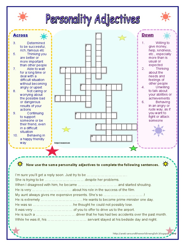 Personality Adjectives Crossword Puzzle | PDF