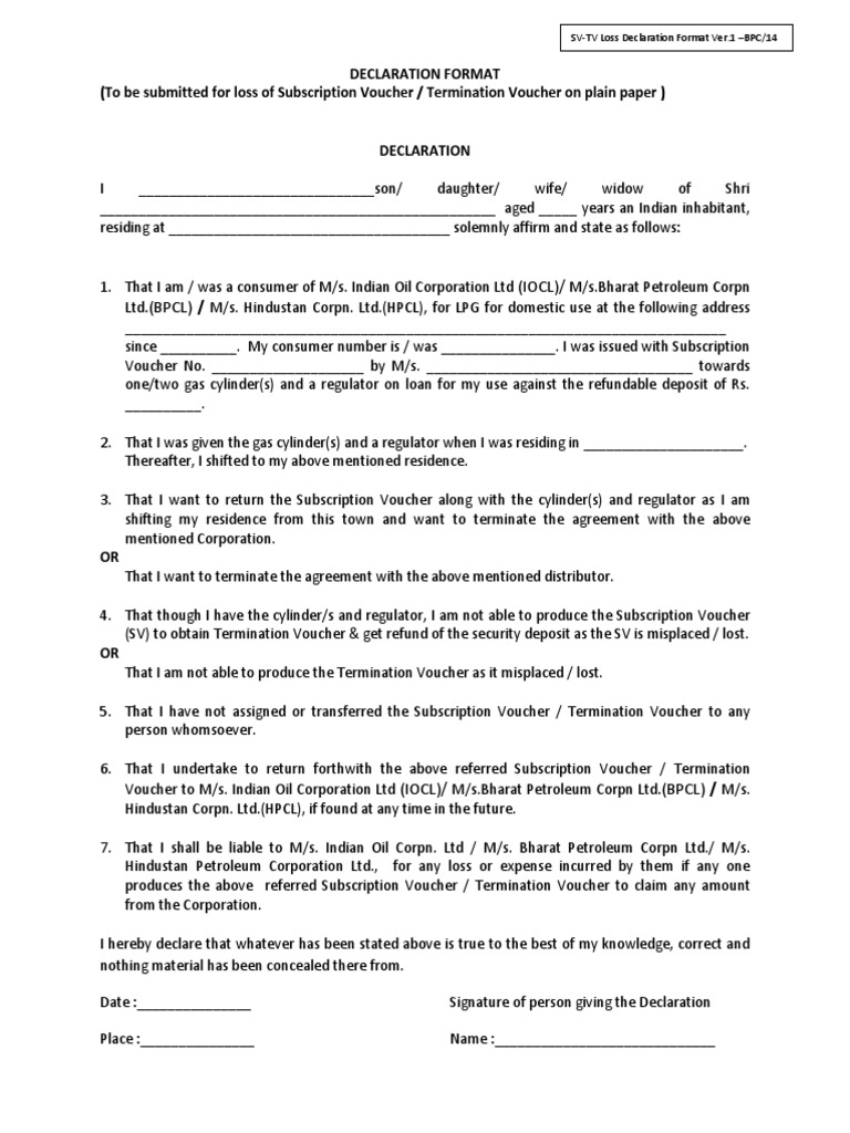SV Loss Declaration Format for LPG | PDF | Petroleum Industry | Petroleum