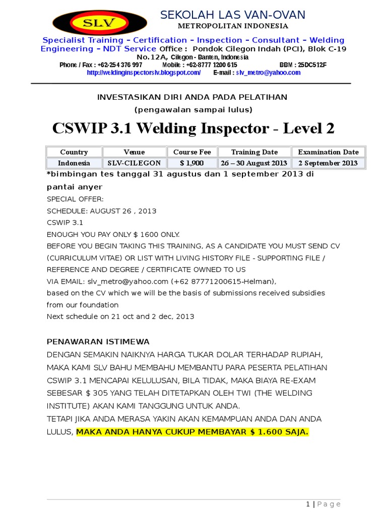 Pelatihan CSWIP 3.1 di SLV Cilegon | PDF