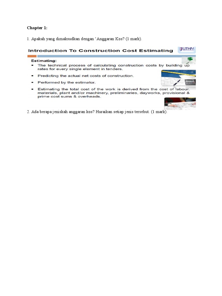 Estimation Cost For Construction Quiz | PDF