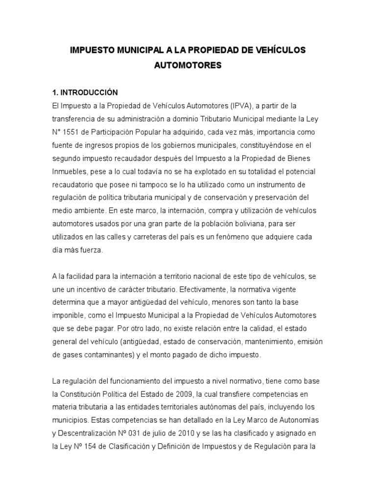 Impuesto Municipal a La Propiedad de Vehículos Automotores en Bolivia ...