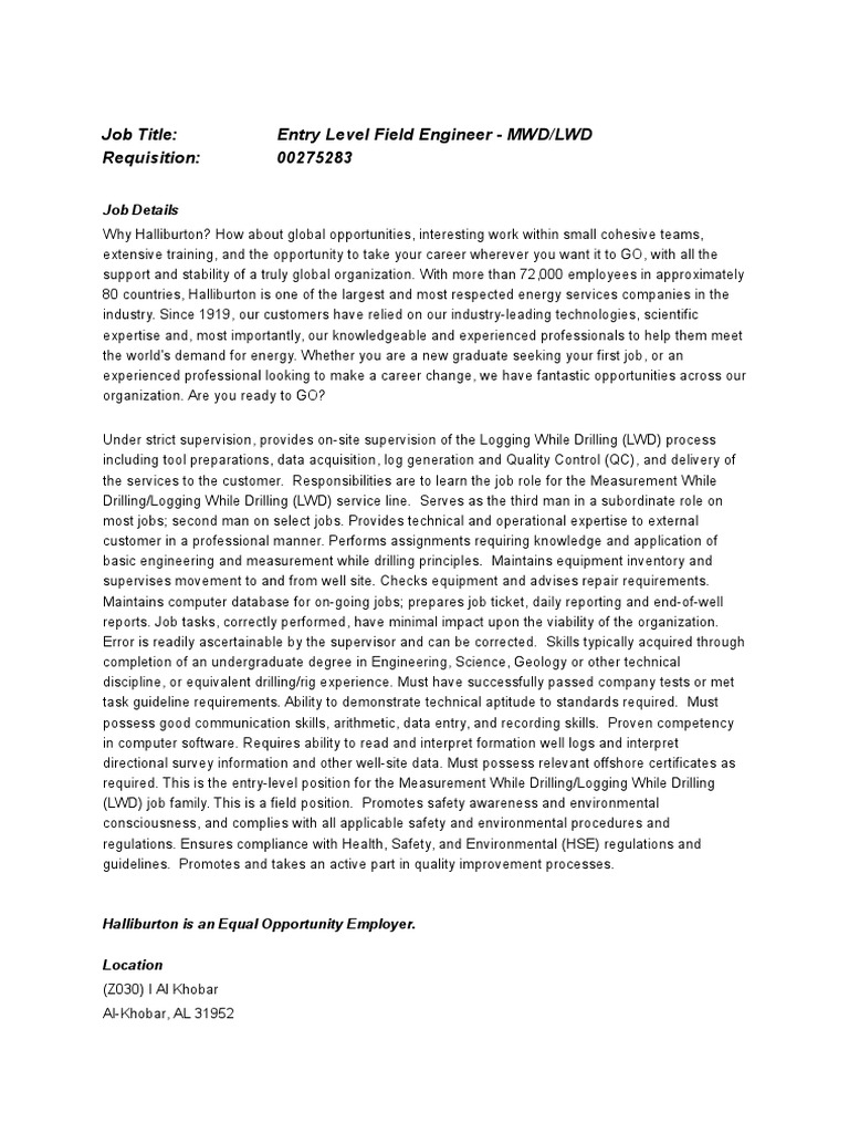 Entry Level Field Engineer PDF Safety Employment