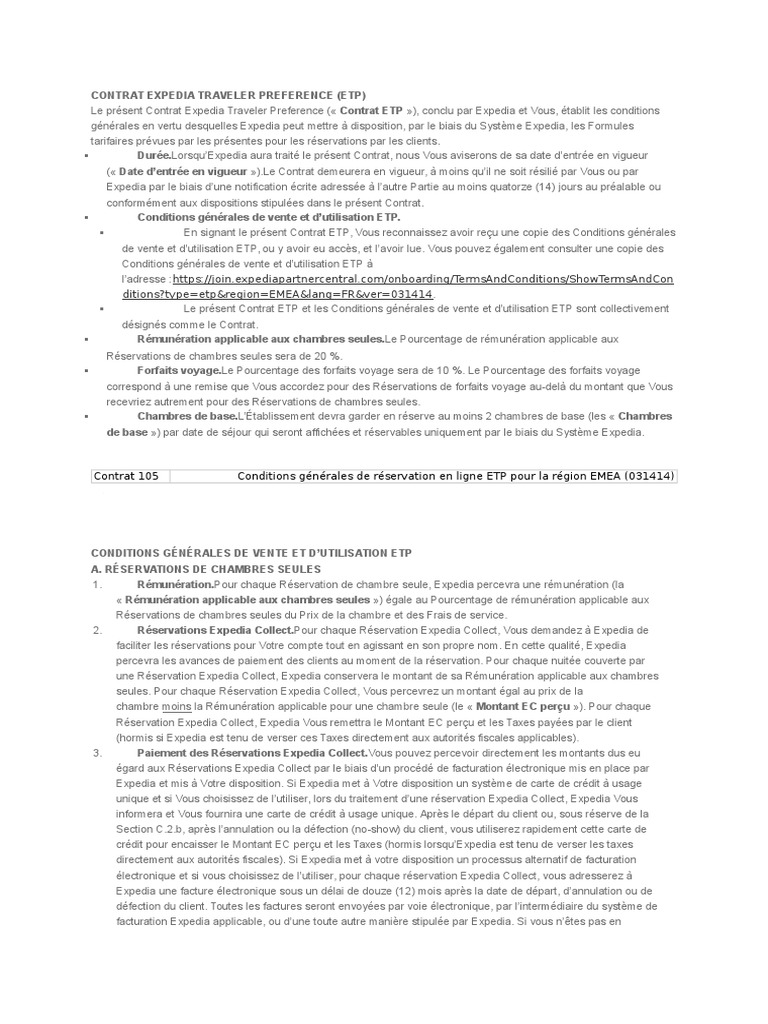 Contrat Expedia Traveler Preference ETP | PDF | Facture | Crédit (Finance)