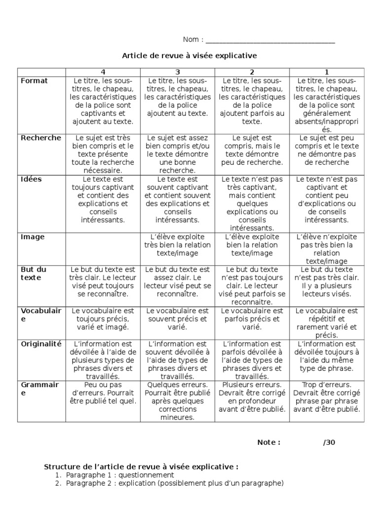 article de revue  grille correction  Lecture (Processus)  Phrase