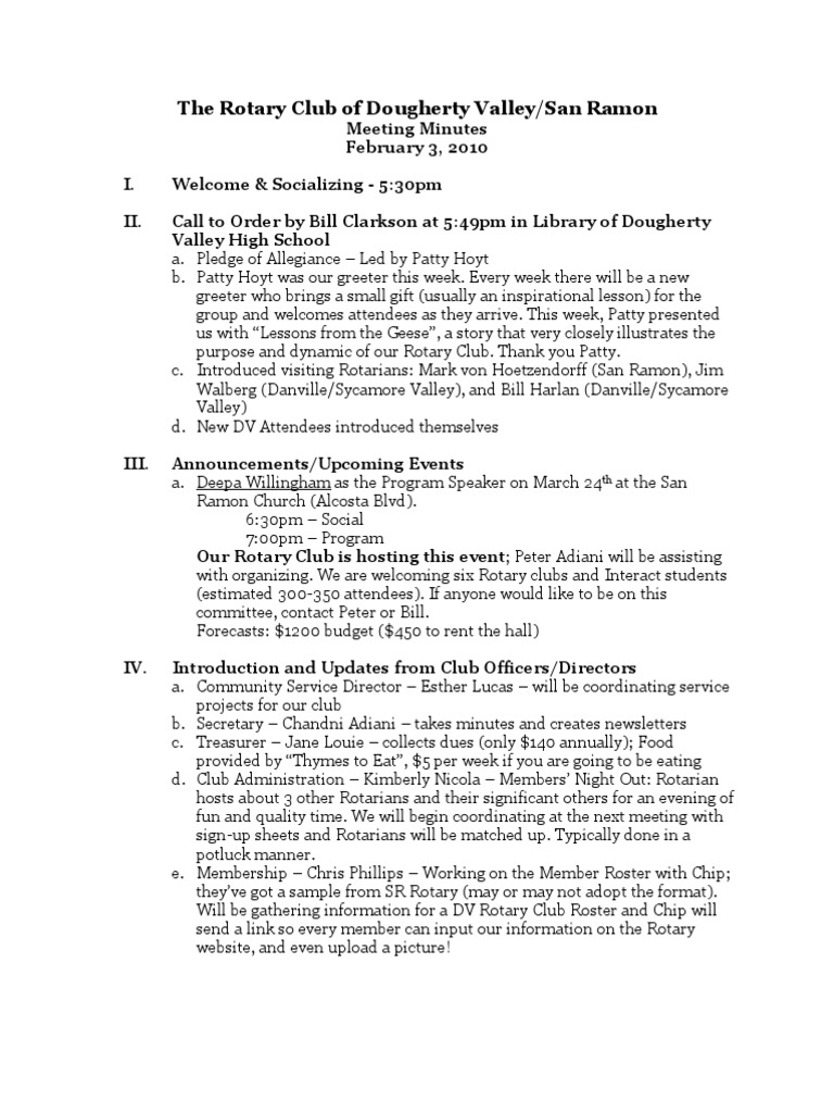 Rotary Club Meeting Minutes - Feb 2010 | PDF