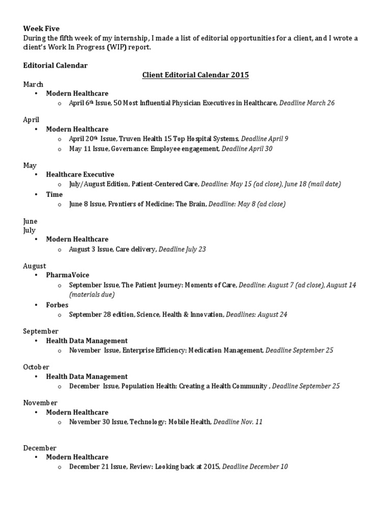Internship Week 5 Editorial Calendar | PDF
