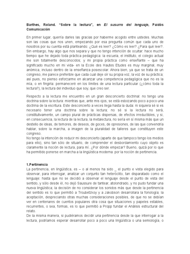 BARTHES Sobre La Lectura | PDF | Lectura (proceso) | Lingüística