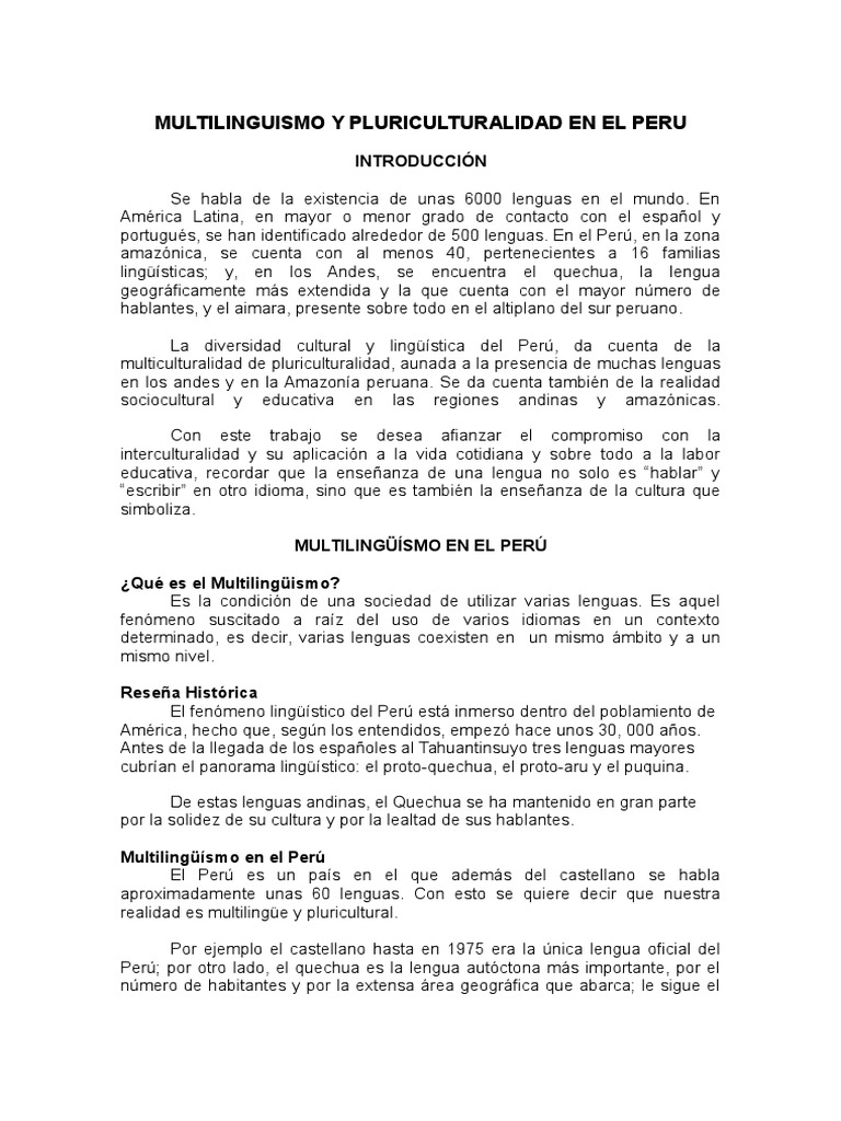 Multilinguismo y Pluriculturalidad en El Peru | PDF | Multilingüismo | Perú