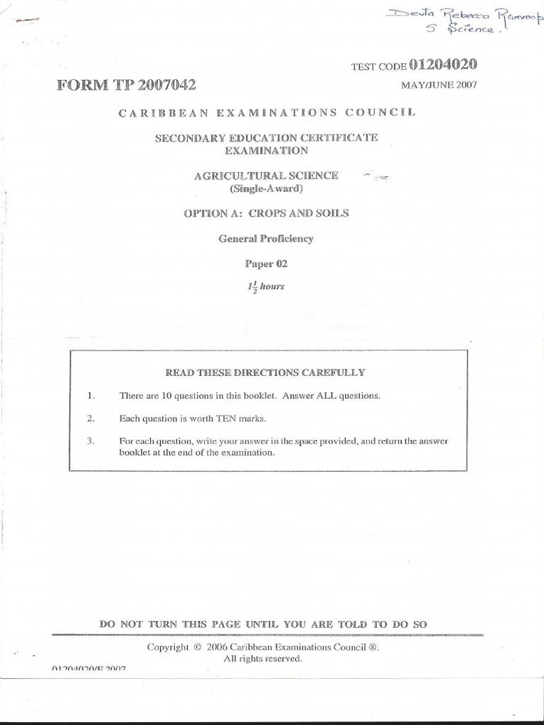 CSEC Agricultural Science Paper 2 2007