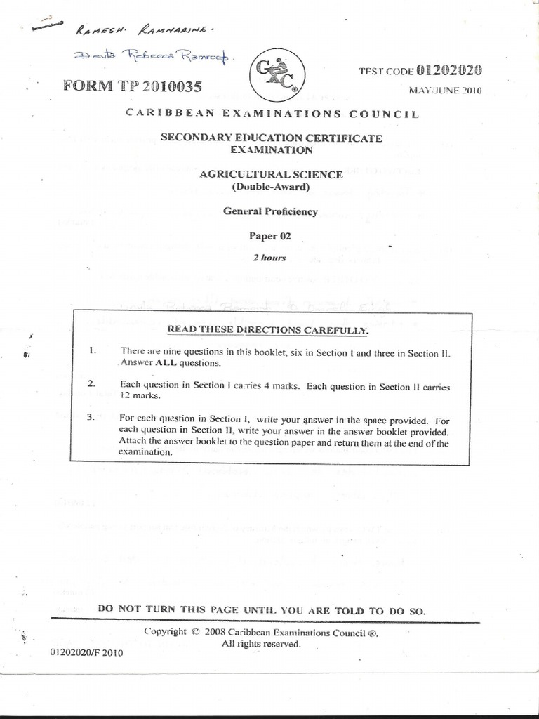 CSEC Agricultural Science Paper 2 2010
