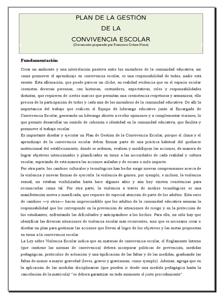 Plan de Gestión de Convivencia Escolar | PDF | Comportamiento | Aprendizaje