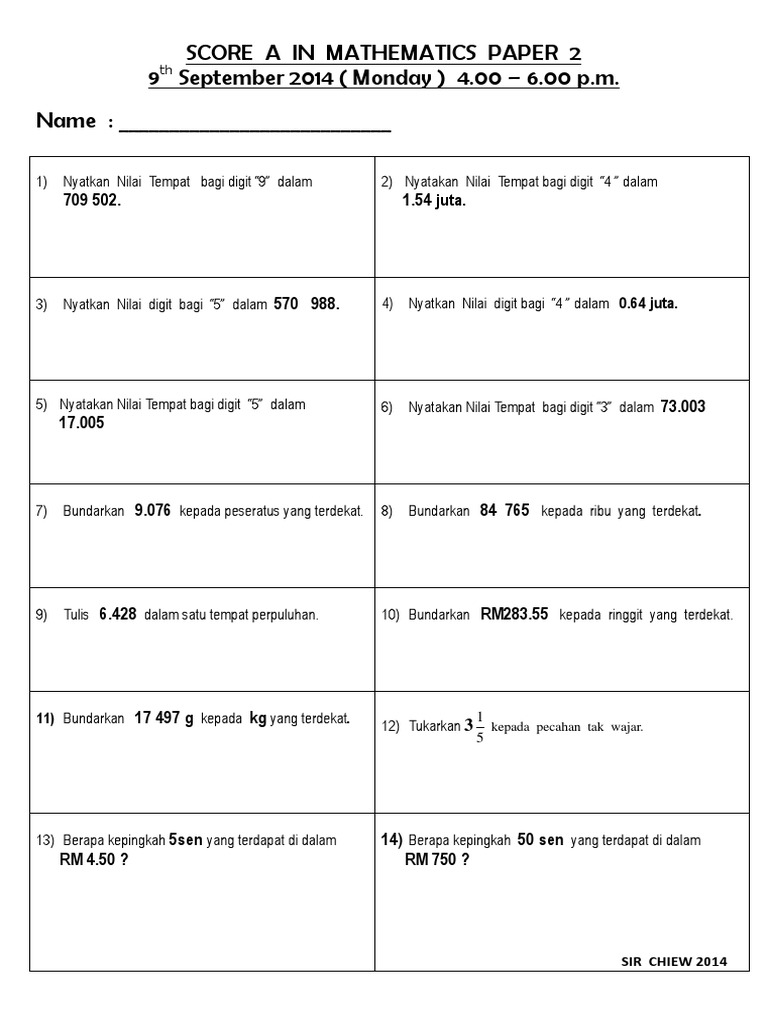 2014 Score A in Mathematics Paper 2 | PDF