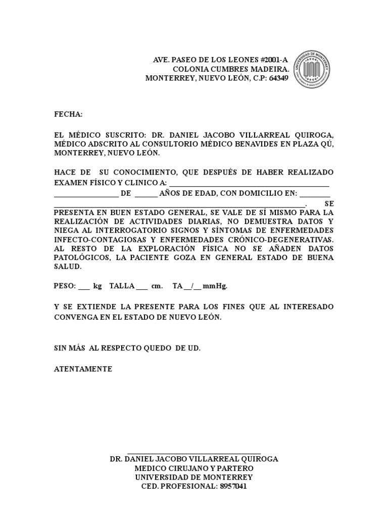 Carta De Buena Salud Benavides Enfermedades Y Trastornos