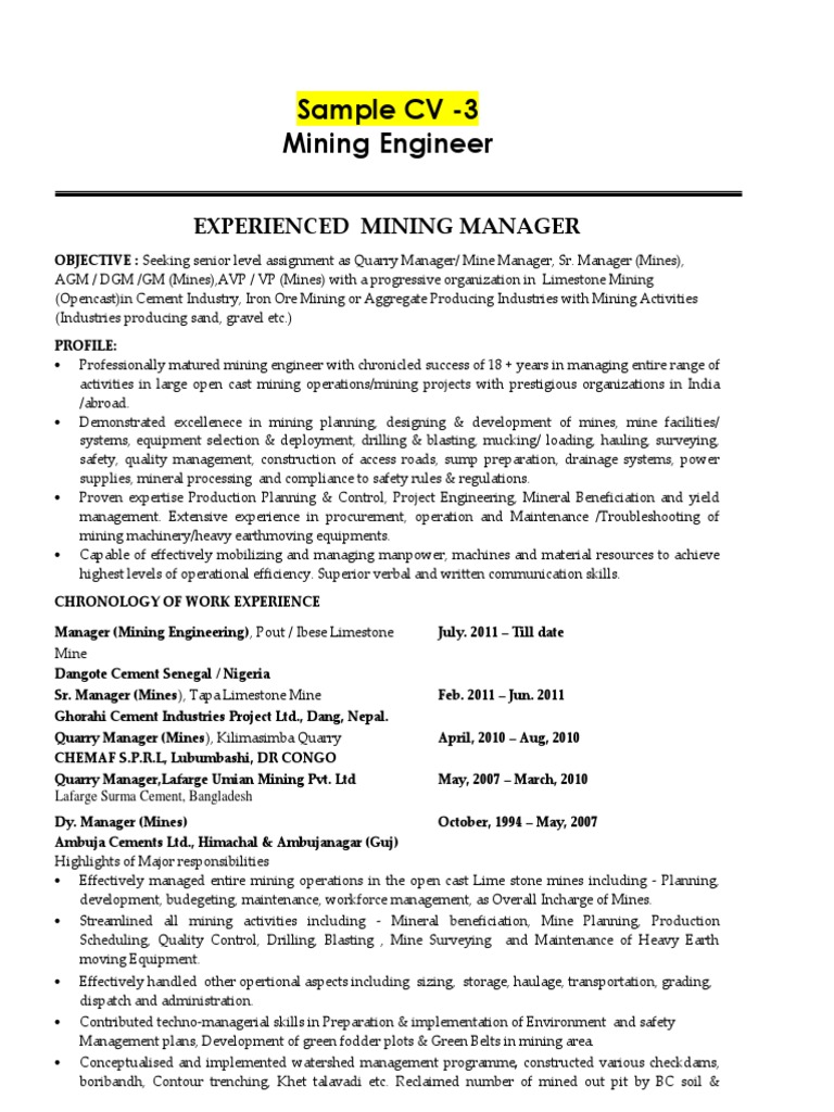 Mining Engineer CV for Senior Roles | PDF | Mining | Cement
