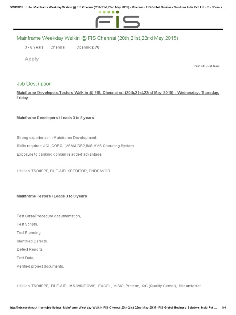 Job Mainframe Weekday Walkin FIS Chennai (20th,21st