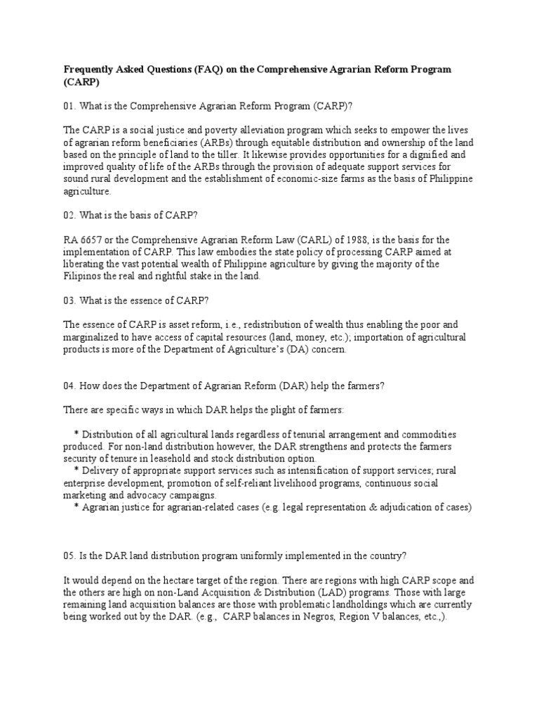 CARP FAQ: Beneficiaries and Benefits | PDF | Government | Agriculture