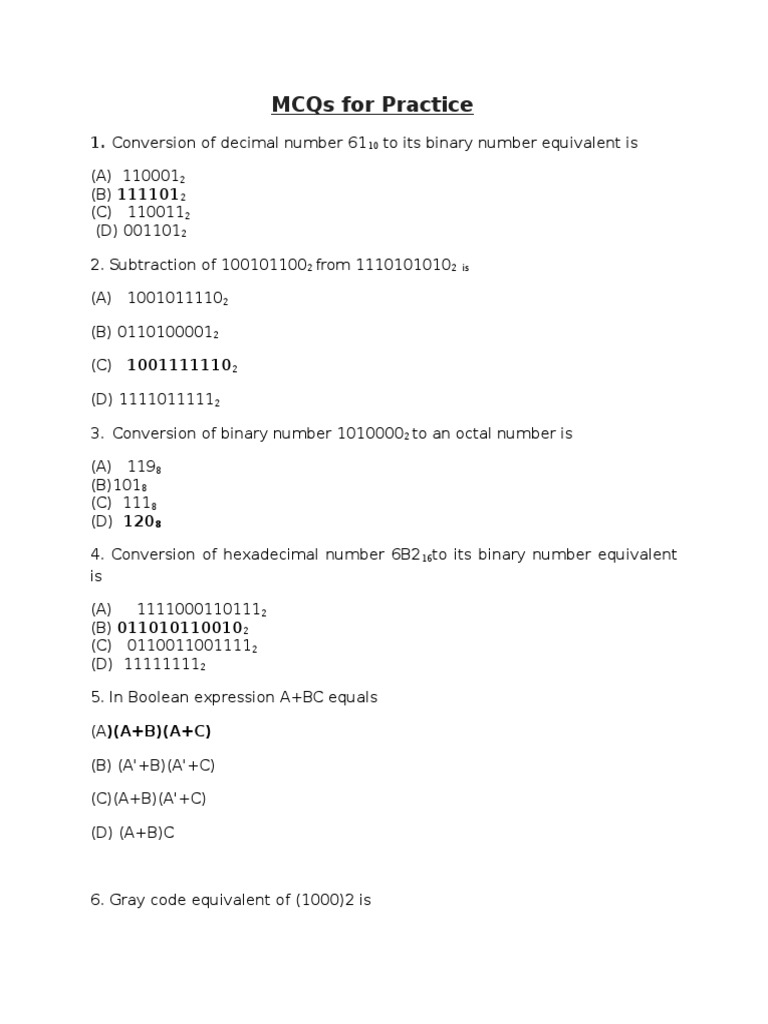 MCQs for Practice2 Logic Gate Mathematical Logic