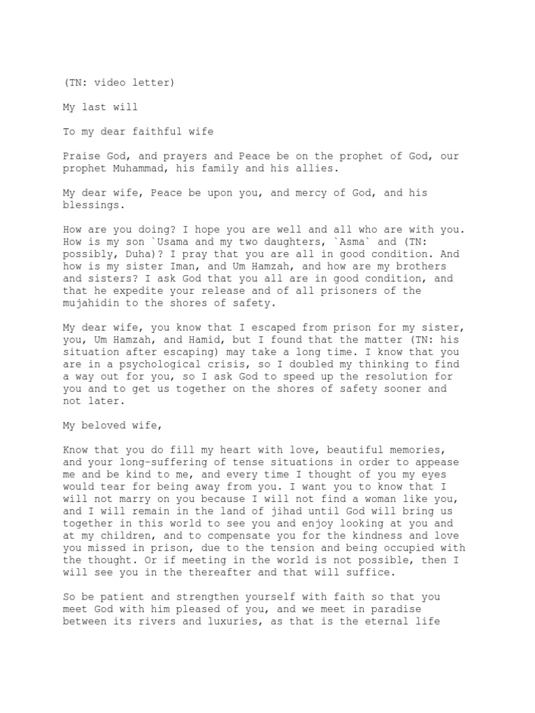 Osama Bin Laden Letter To Wife