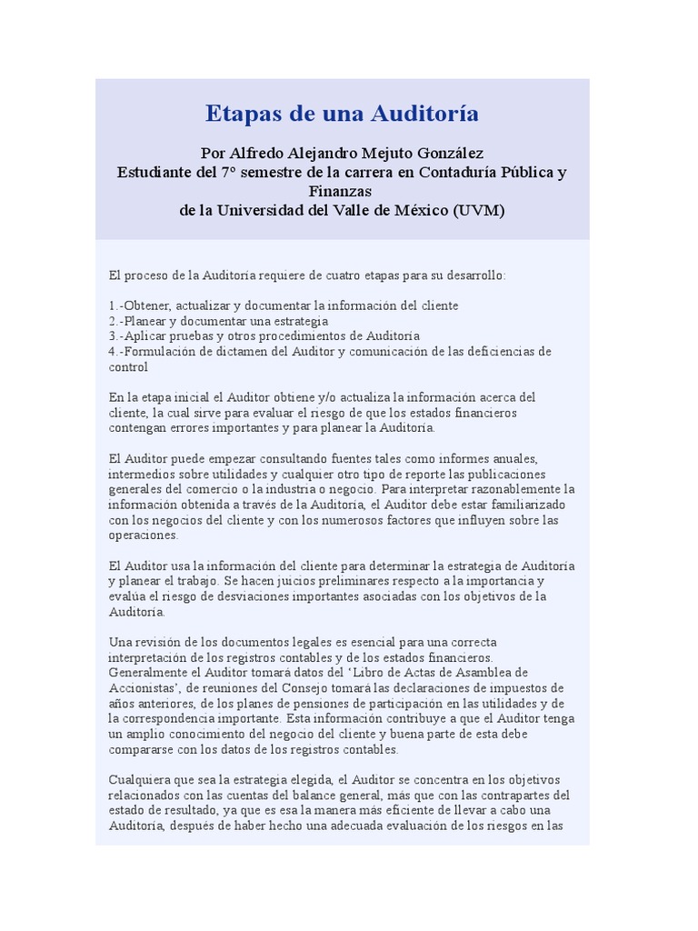 Etapas de Una Auditoría | PDF | Auditoría financiera | Contralor