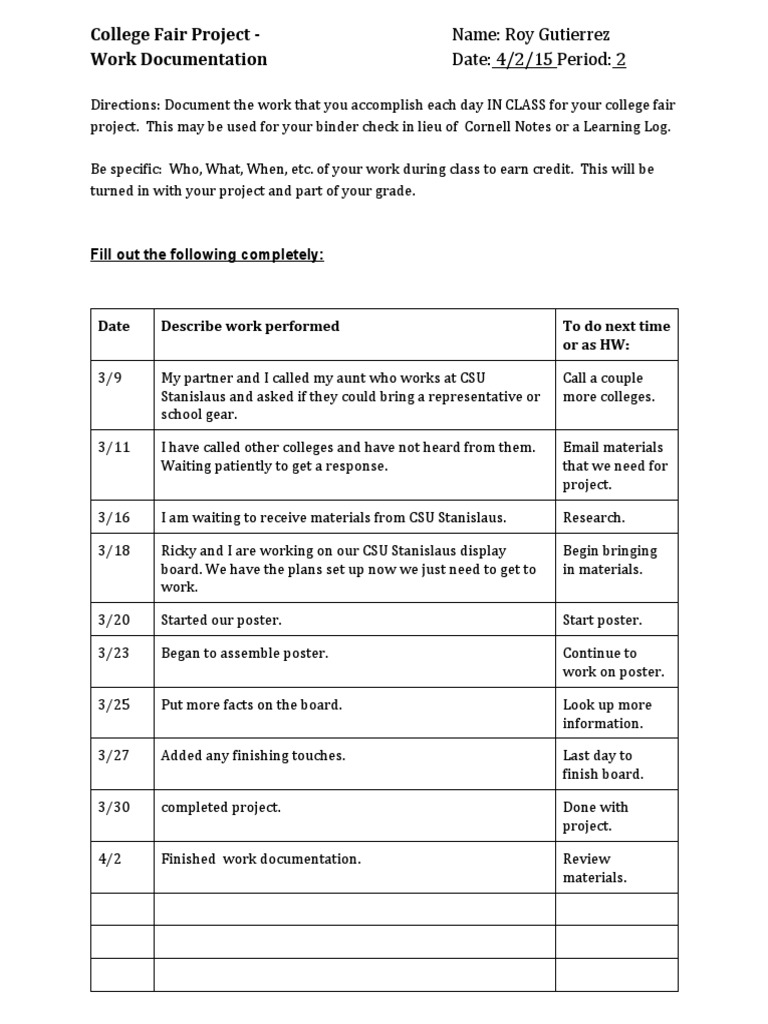 College Fair Project Work Log | PDF