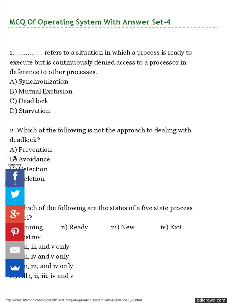 MCQ of Operating System With | PDF | Process (Computing) | Operating System