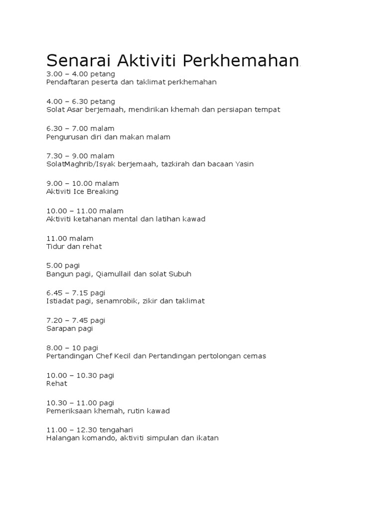 Senarai Aktiviti Perkhemahan