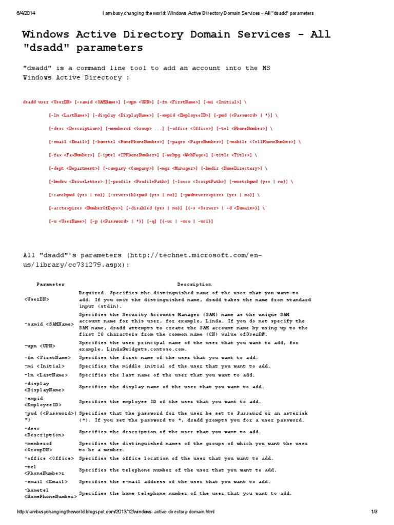 dsadd Command Parameters Overview | PDF | Command Line Interface | User ...