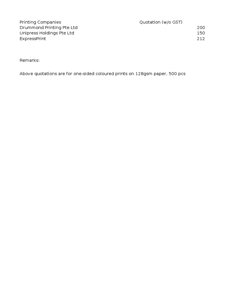 Printing Companies Quotation (W/O GST) Drummond Printing Pte LTD 200 ...