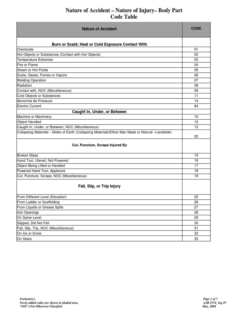 Nature of Accident and Injury Codes | PDF | Neck | Vertebral Column