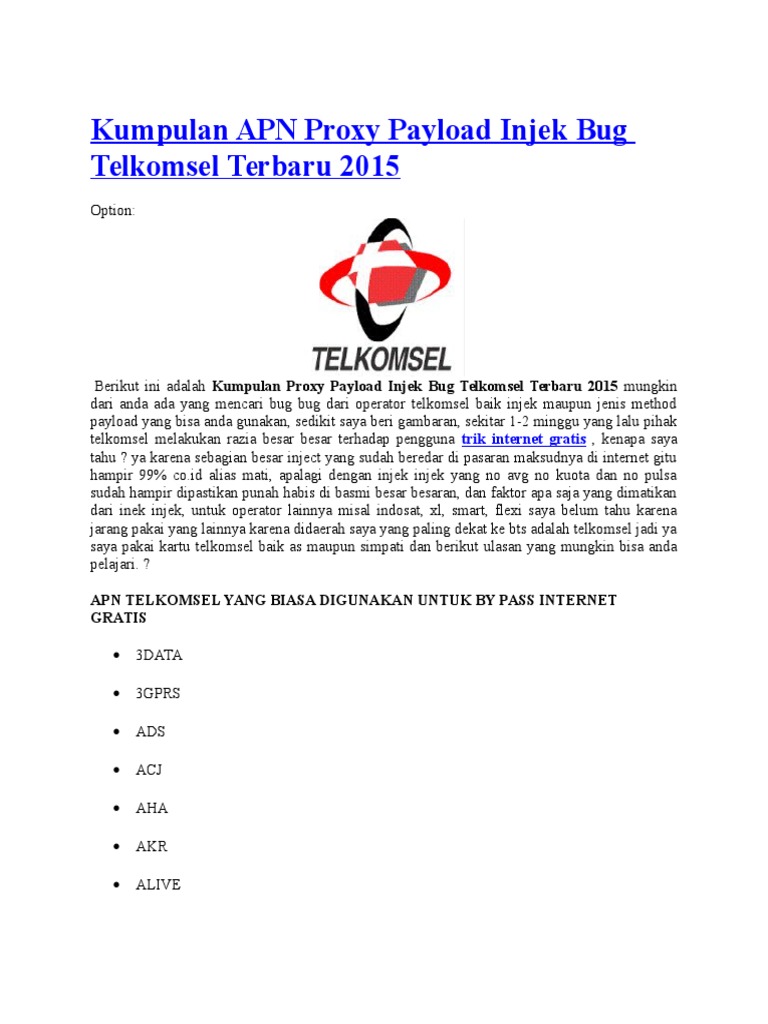 Kumpulan Apn Proxy Payload Injek Bug Telkomsel Terbaru 2015