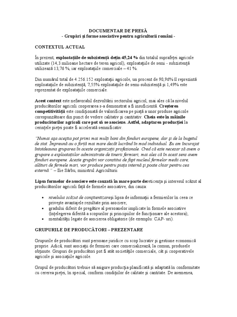 Forme Asociative Pentru Agricultorii Romani | PDF