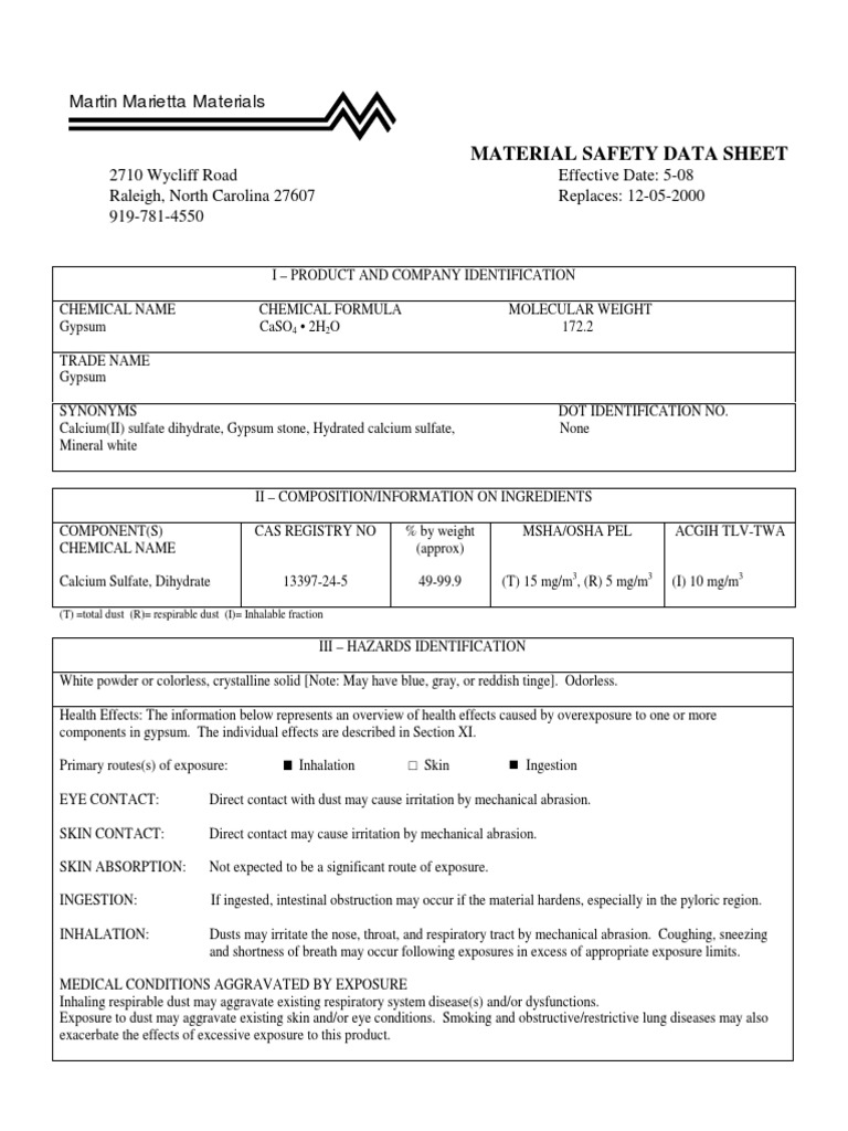 MSDS Gypsum Gypsum Occupational Safety And Health Administration