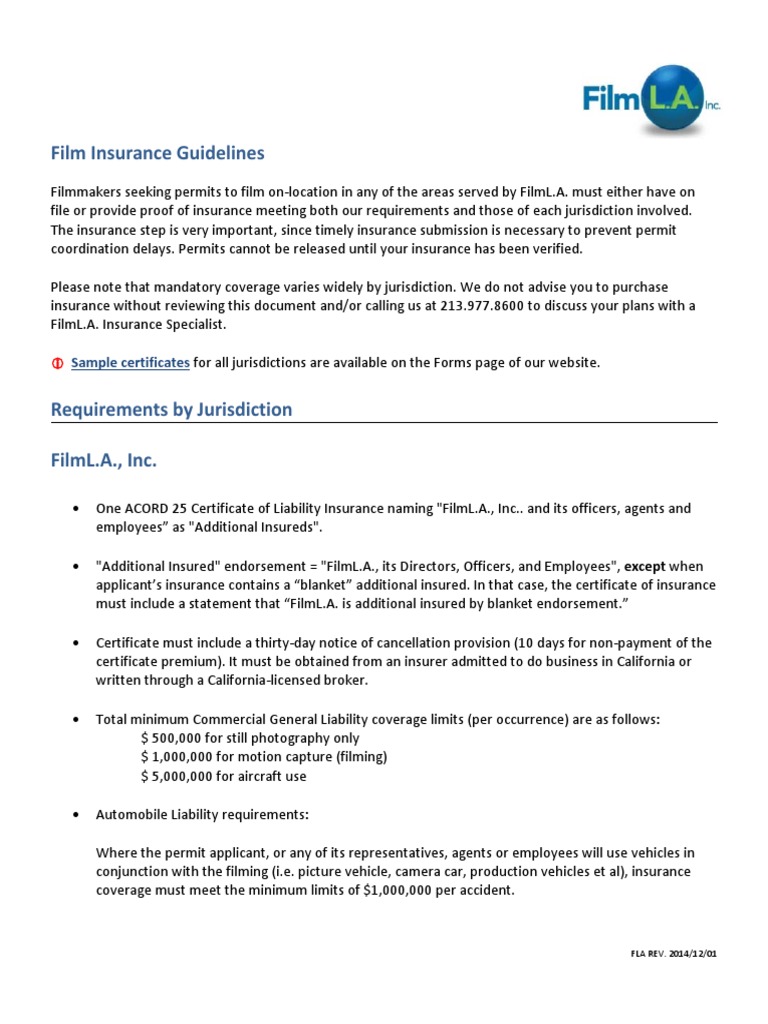 Film Insurance Guidelines Sample certificates Insurance Government