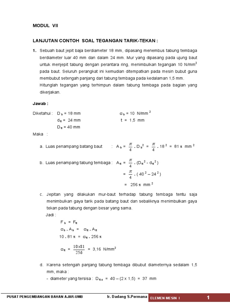 Contoh Soal Tegangan Tarik Tekan