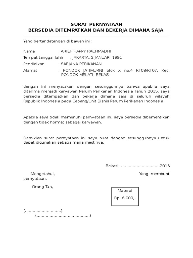 Surat Pernyataan Bersedia Ditempatkan Dimana Saja Surat Pernyataan Bersedia Ditempatkan Dimana Saja
