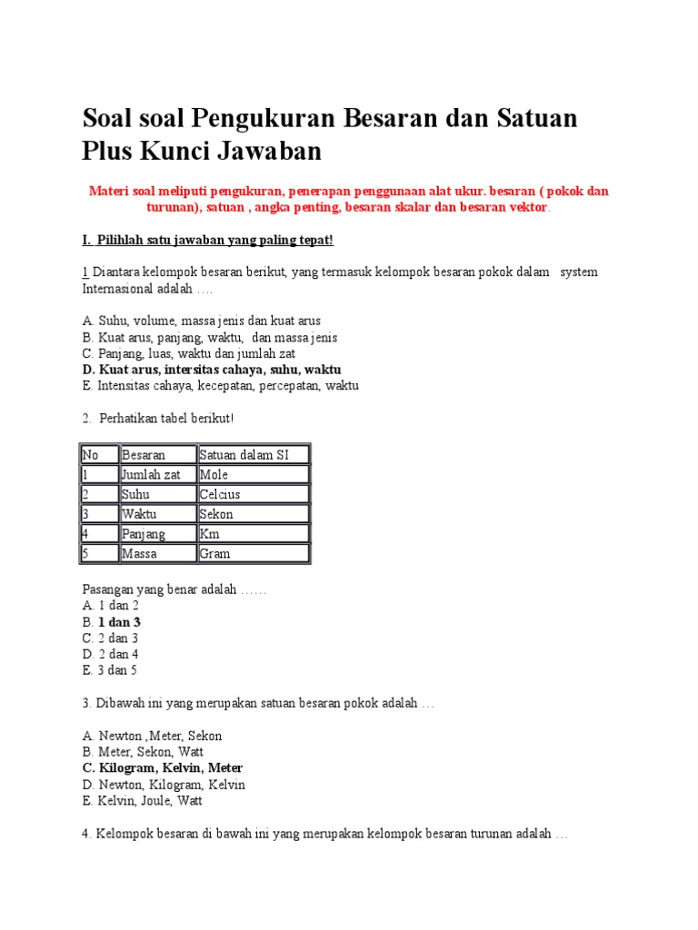 Soal Soal Pengukuran Besaran Dan Satuan Plus Kunci