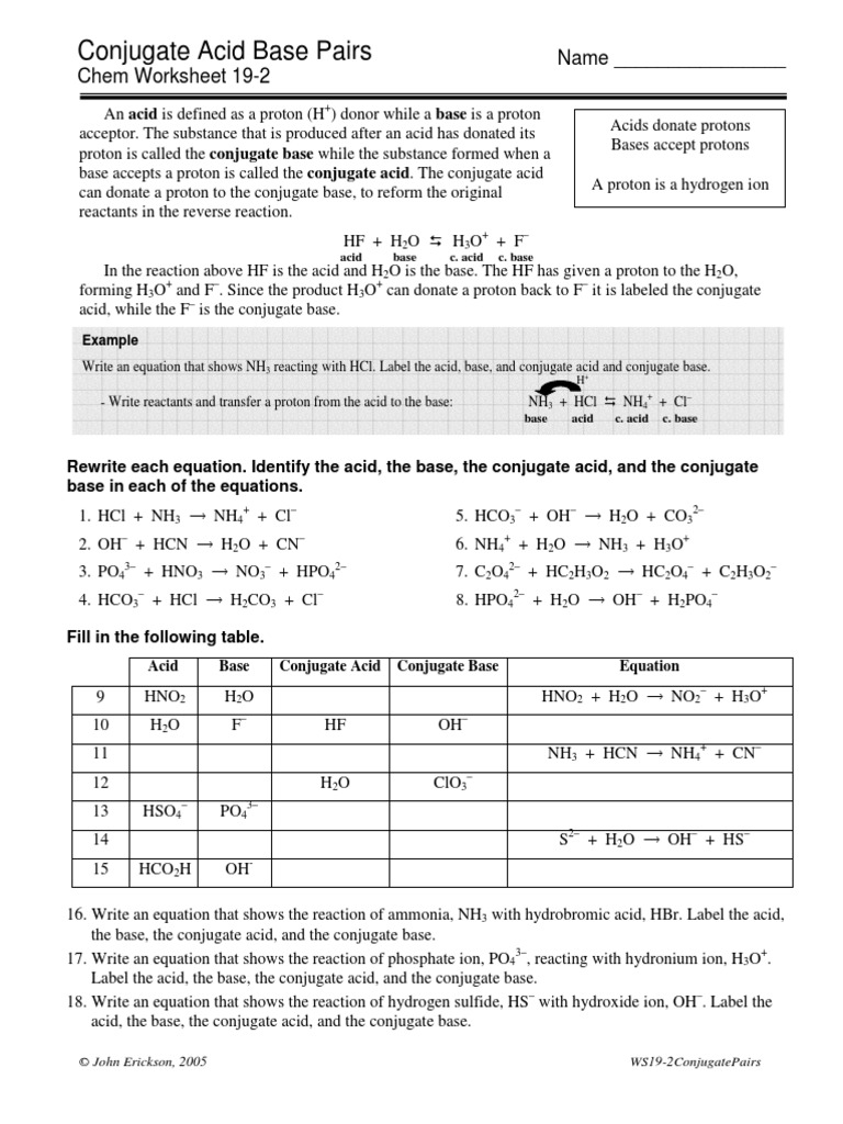 Conjugate Acid Base Pairs Worksheet | Acid | Chemistry | Prueba