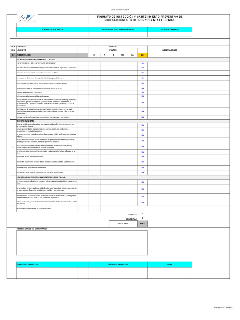 FORMATO MANTENIMIENTO PREVENTIVO Transformador Tecnolog a