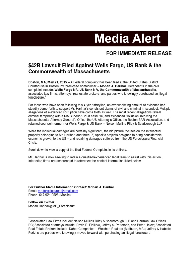 42b Lawsuit Filed Against Wells Fargo Us Bank The Commonwealth