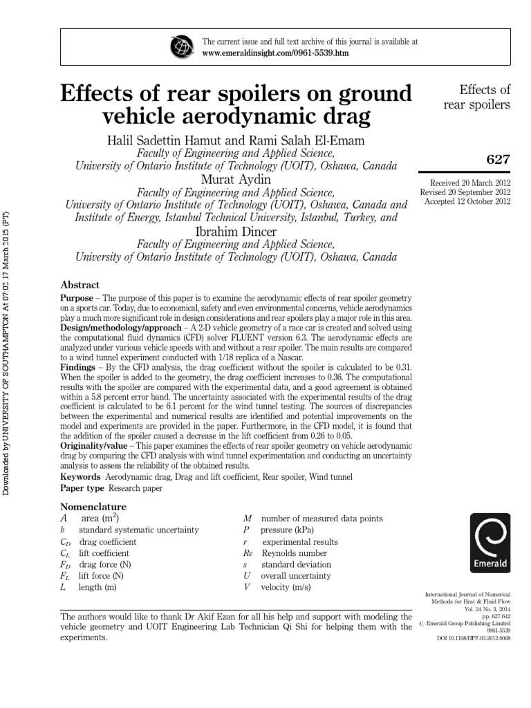 Effects of Rear Spoilers On Ground Vehicle Aerodynamic Drag PDF Wind Tunnel Lift (Force)