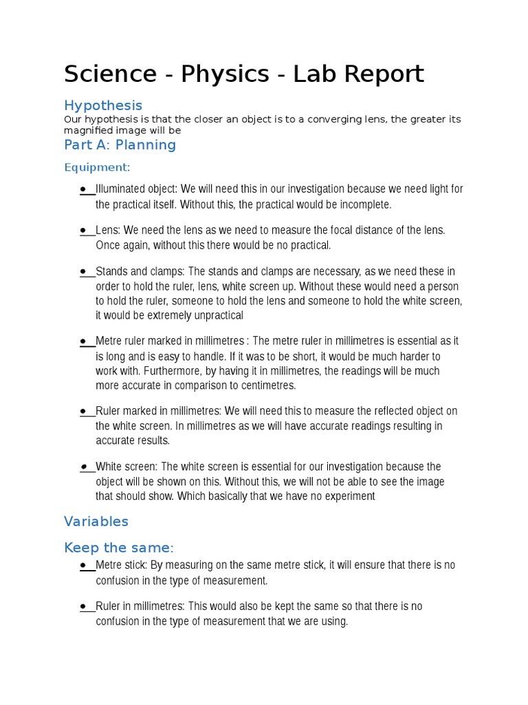 Lab Report Lens Lens (Optics) Measurement