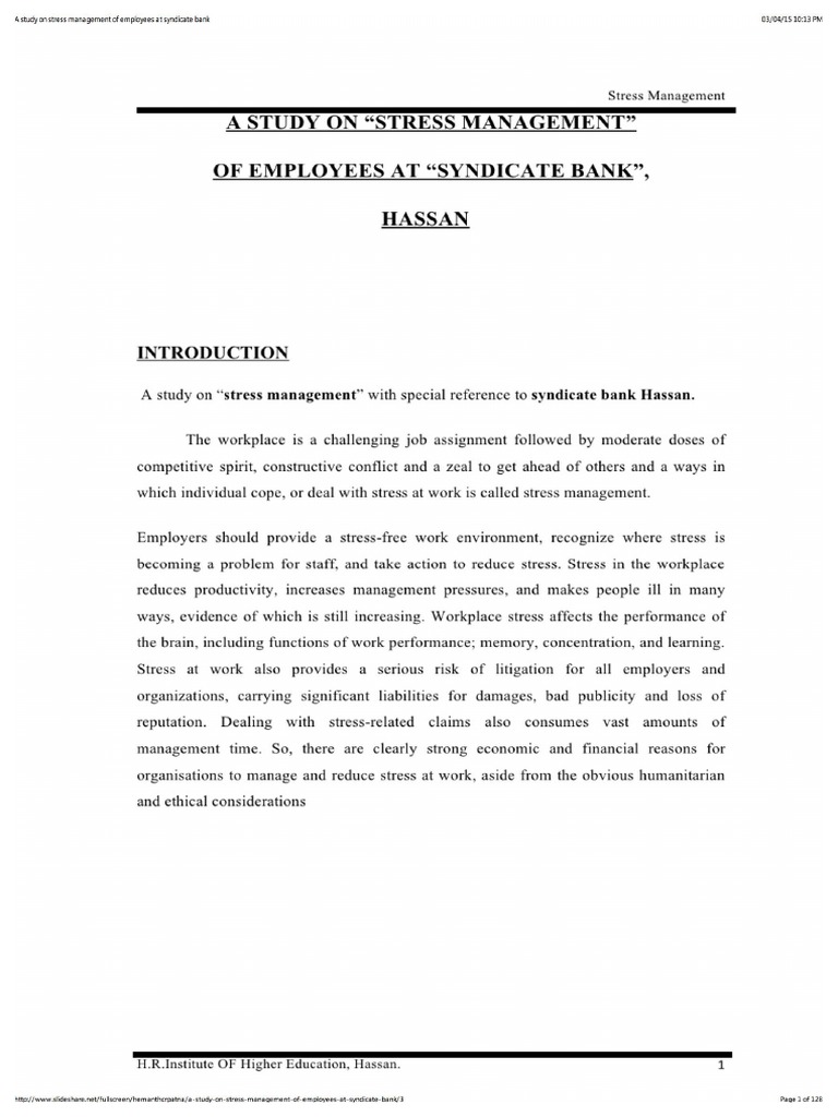 A Study On Stress Management of Employees at Syndicate Bank | PDF