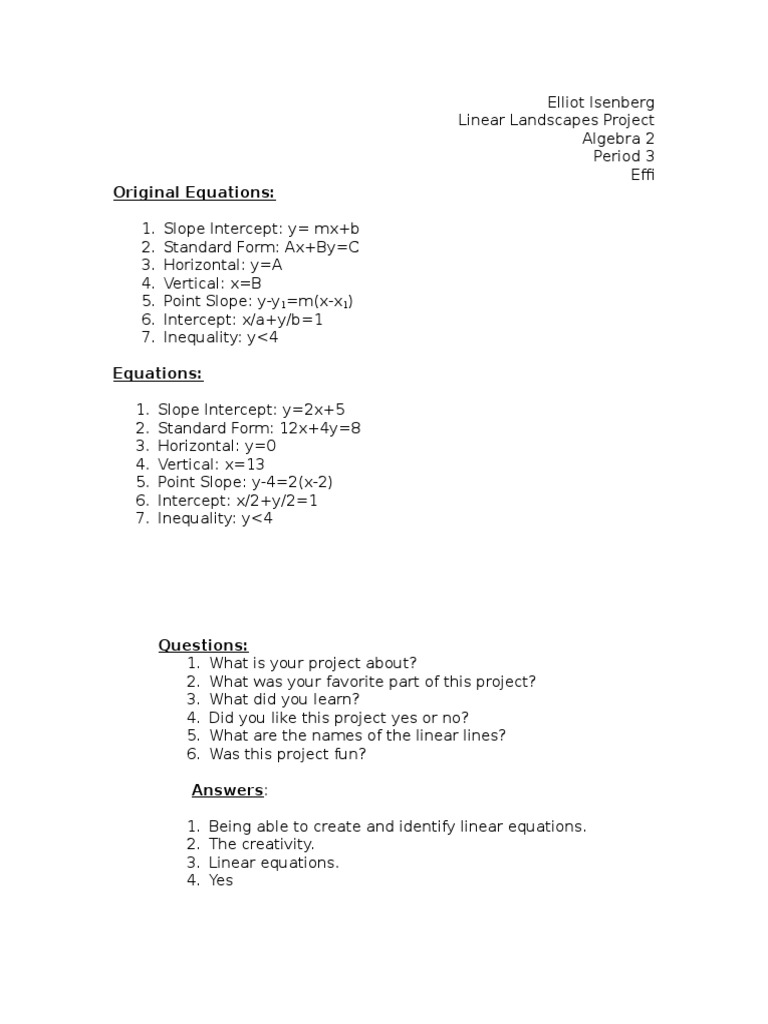 Linear Equations Project Overview | PDF | Teaching Methods & Materials